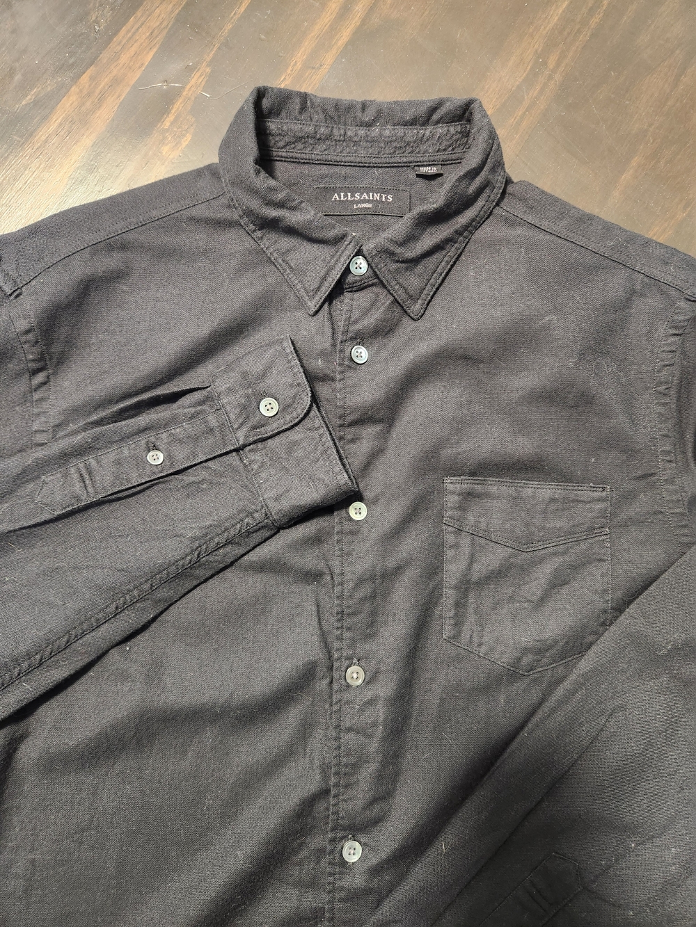 ALLSAINTS Men's Large Black Oxford Shirt Long Sleeve Button Down Solid